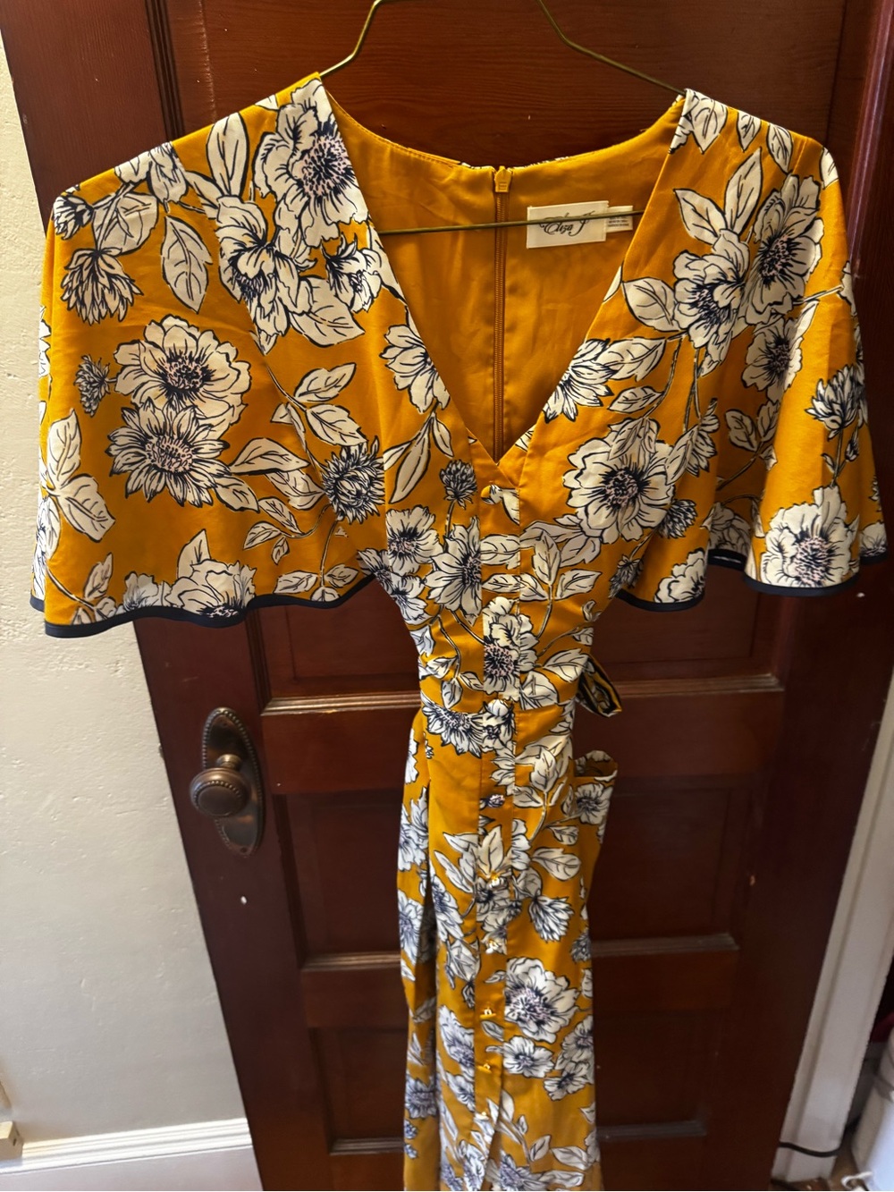 Eliza J Mustard Floral a-line Dress with Flutter Sleeves